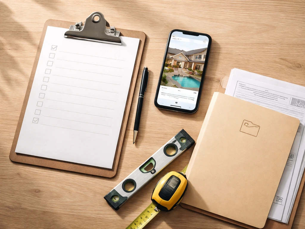 Minimal desk scene with a blank checklist, documents, smartphone preview, and patio-building tools.