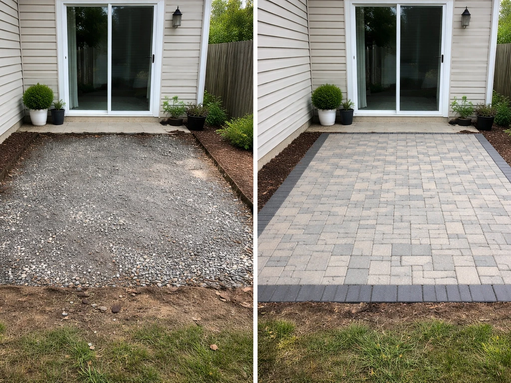 Minimal before-and-after patio build comparison with neat edging and clean finish in daylight.