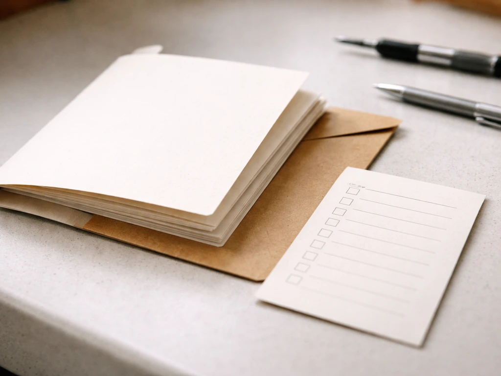 Warranty document folder and envelope beside a blank maintenance follow-up checklist on a workbench.