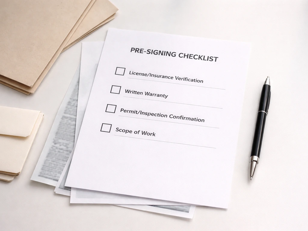 Flat lay of a simple pre-signing checklist on paper with a pen and stamped documents in a clean workspace