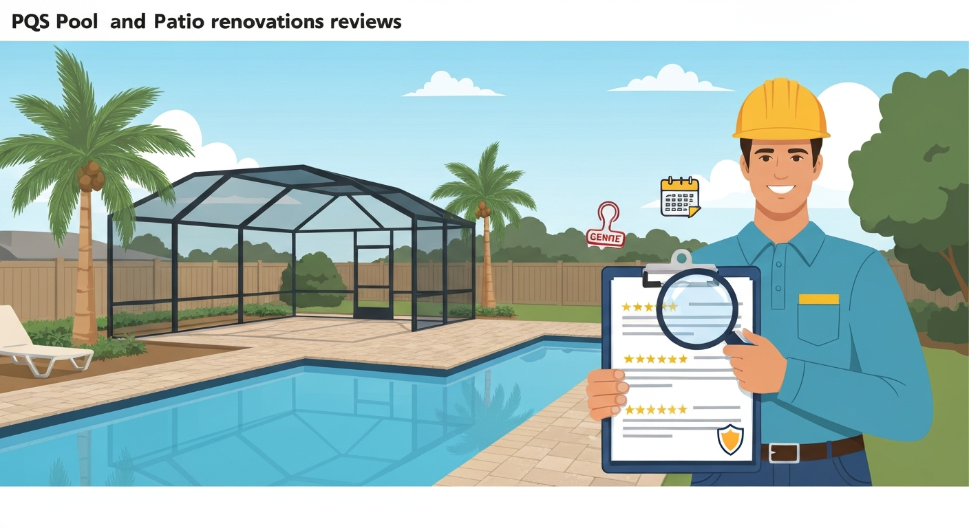 Illustration of a South Florida backyard with pool and paver patio; a contractor holds a clipboard showing mixed star ratings under a magnifying glass, with icons for permits, phone, calendar, and review shield.