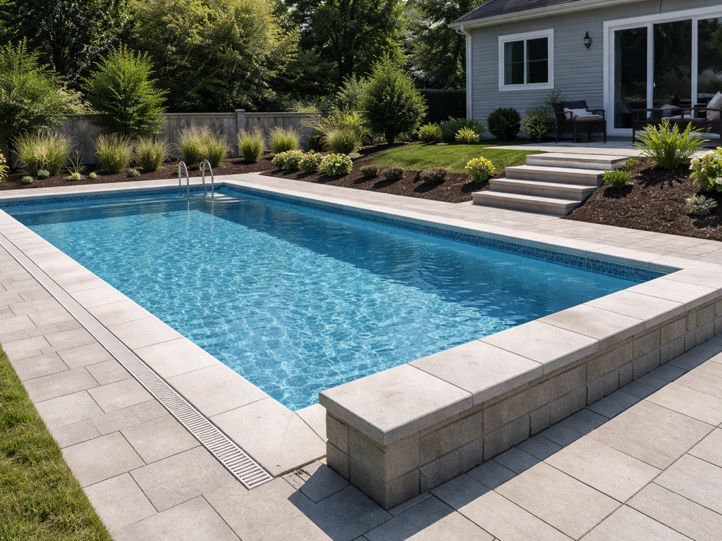 Backyard pool with stone patio and clean landscaping in a Syracuse-area style home