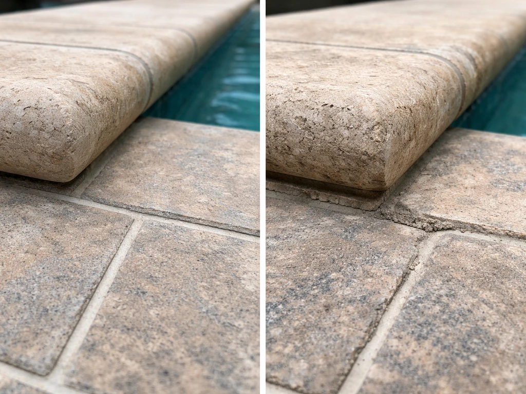 Close-up of neatly finished pool coping and a nearby rough repair patch showing workmanship differences.