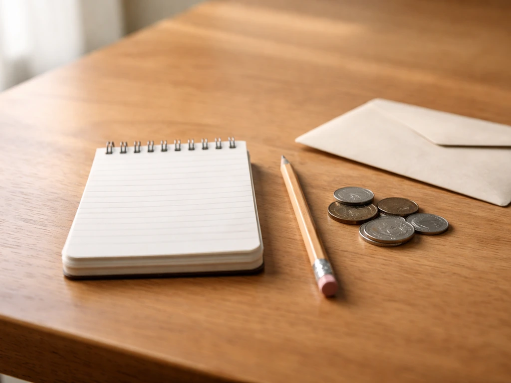 Minimal close-up of a notepad with handwritten-like line items and scattered coins, suggesting mixed service pricing.