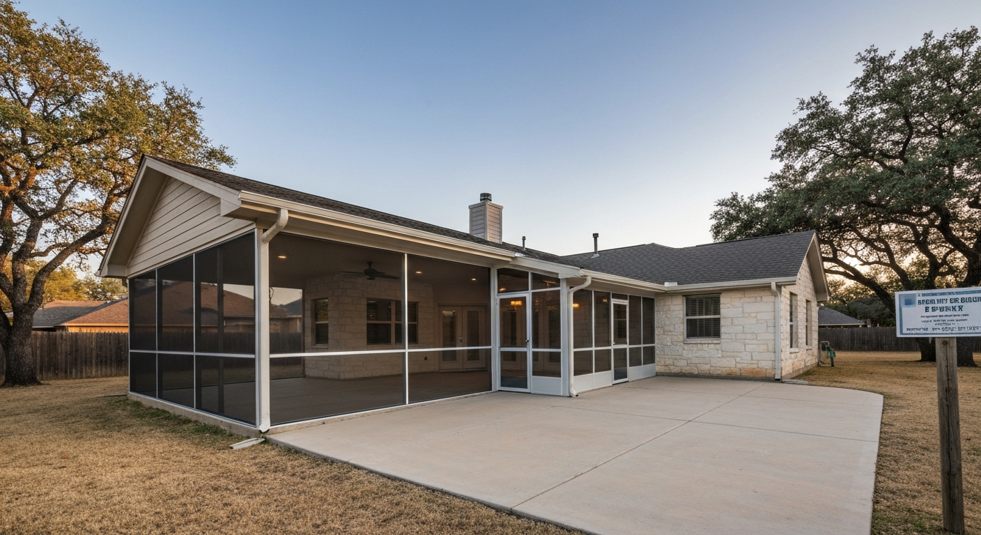 Modern suburban home in San Antonio with an aluminum-framed patio enclosure combining screened and glass sections, photographed in late afternoon light.