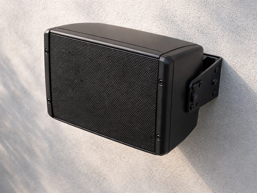 Close-up of a sealed outdoor speaker cabinet with front grille and visible mounting hardware on a wall.