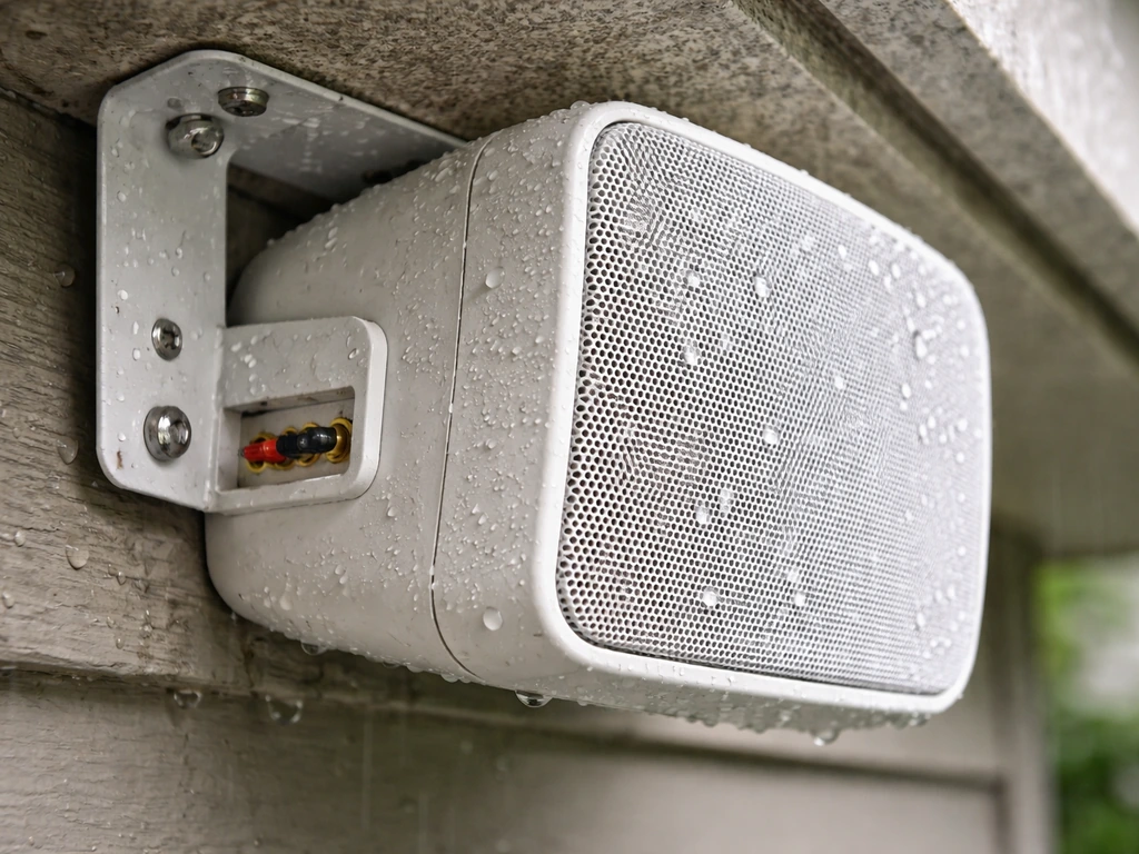 Close-up of a sealed outdoor speaker grille and mounting bracket on a wet soffit wall in light rain