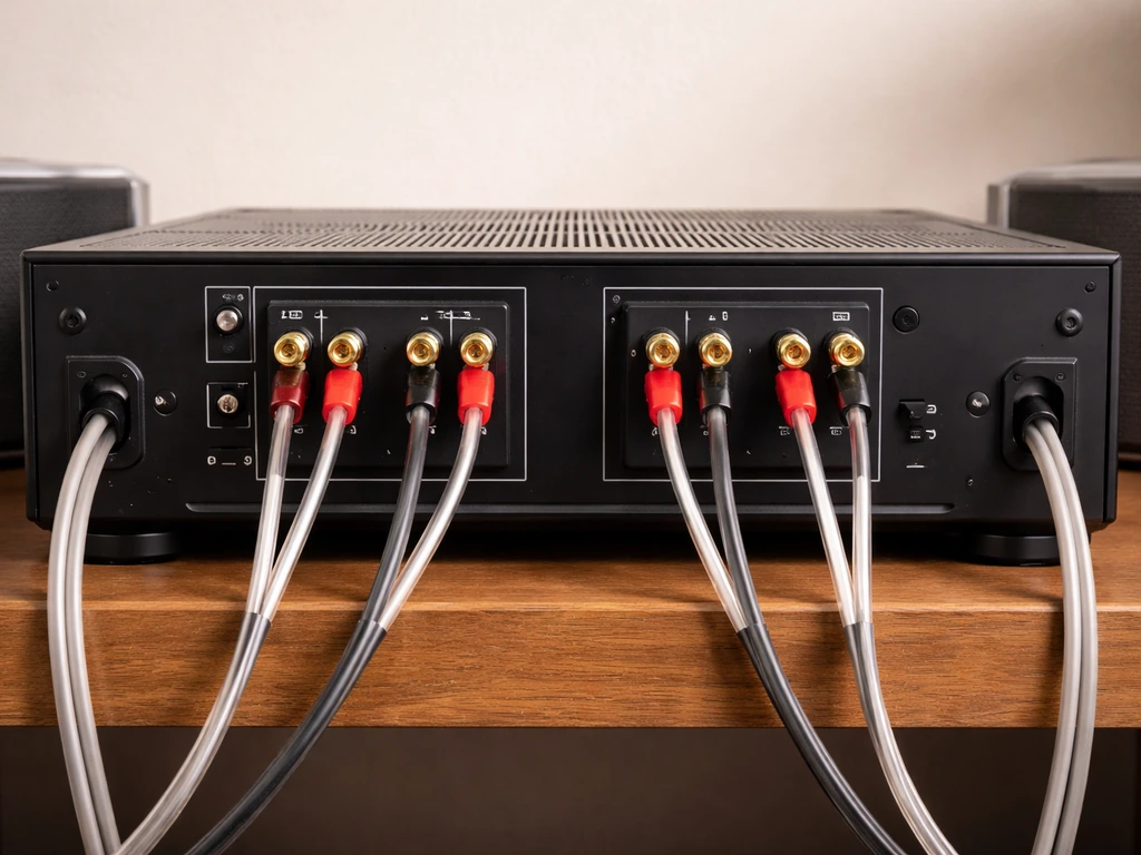Back of an AV receiver with speaker wires connected to two patio speakers, showing an 8-ohm compatible setup.