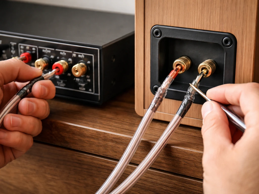 Anonymous hands tightening speaker wire connections on a receiver and speaker to troubleshoot low volume.