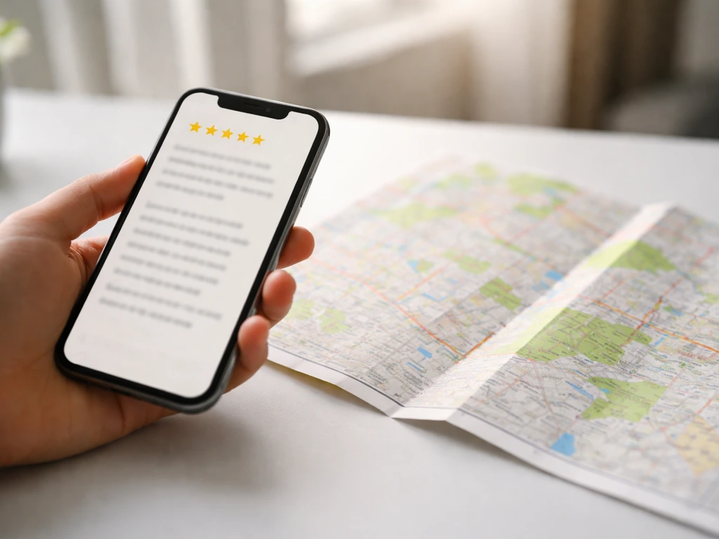 Close-up of a hand holding a smartphone showing a review message while a street map rests nearby