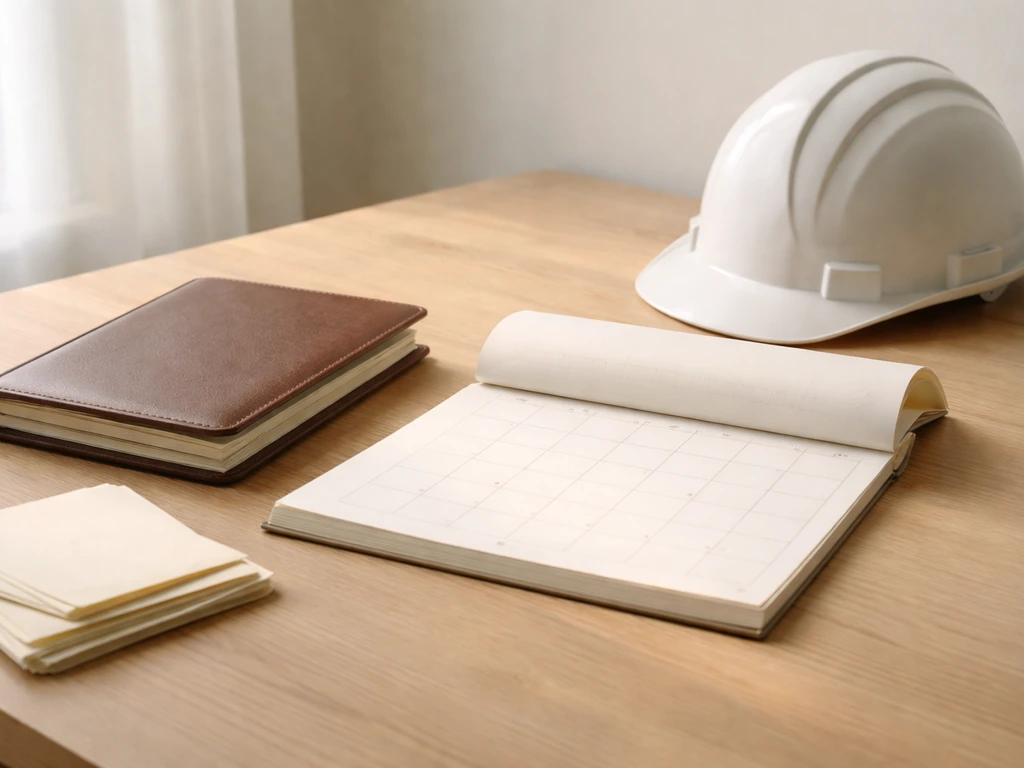 Minimal desk scene showing a closed planner and a calendar page with construction notes, symbolizing timeline delays.