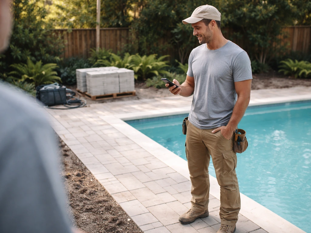 Pool contractor in a clean outdoor patio setting speaking with a homeowner while holding a smartphone