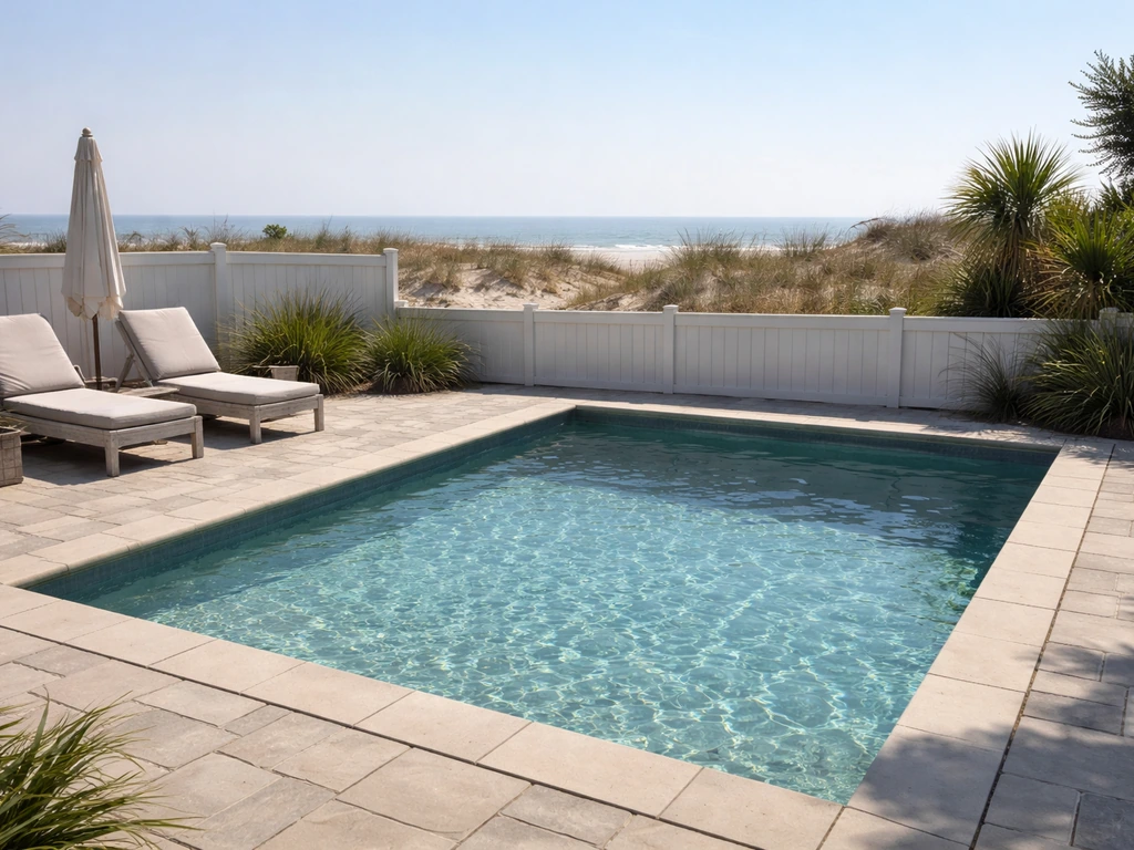 Sunlit coastal backyard with a pool and ocean haze in the distance on a calm summer day.