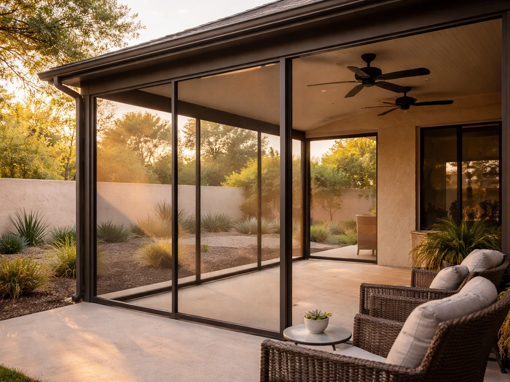 Austin patio with a screen-and-frame aluminum enclosure and warm-climate outdoor seating area