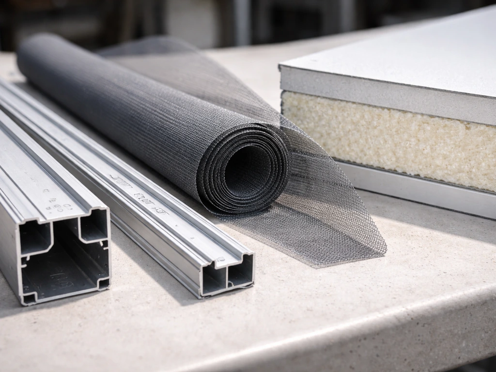 Workbench detail showing aluminum patio enclosure frame parts, spline track, mesh screen and insulated roof panel layers