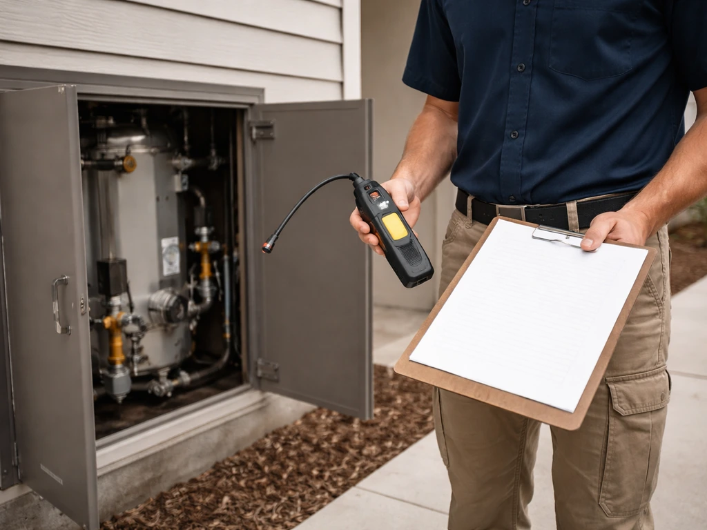 Technician stands by an equipment enclosure with a leak-detection tool and clipboard ready for warranty service.