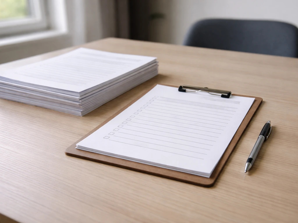 Checklist documents and pen laid out on a table for requesting quote and permit details.