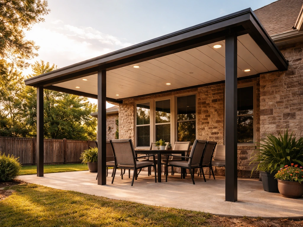 Fort Worth–style home patio with a newly installed patio cover in warm natural light