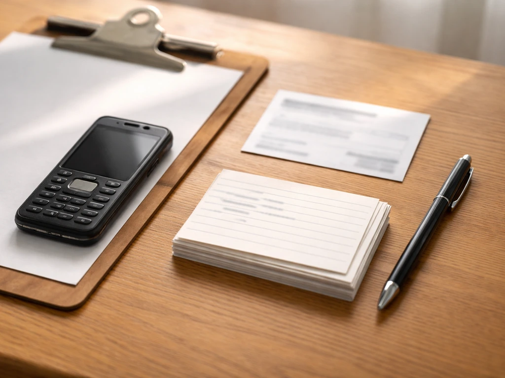 Close-up of a phone, contractor business card, and handwritten notes for cross-checking identifiers