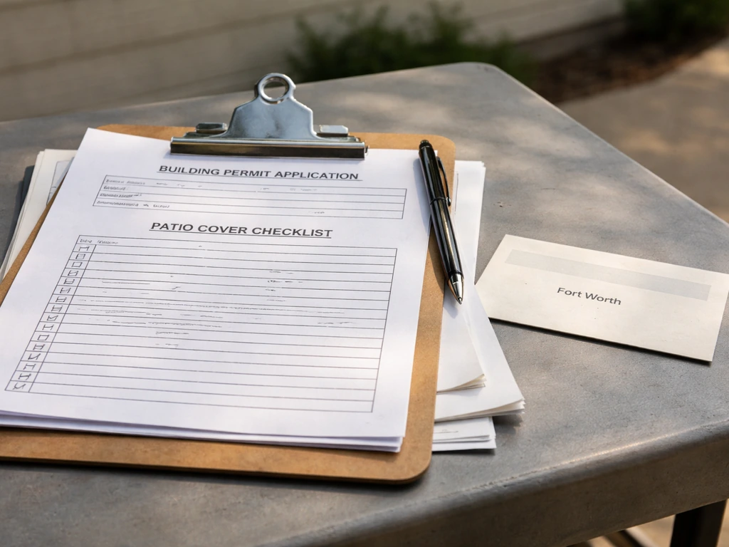 Close-up of permit papers on a clipboard beside a patio cover checklist and an address card for Fort Worth.