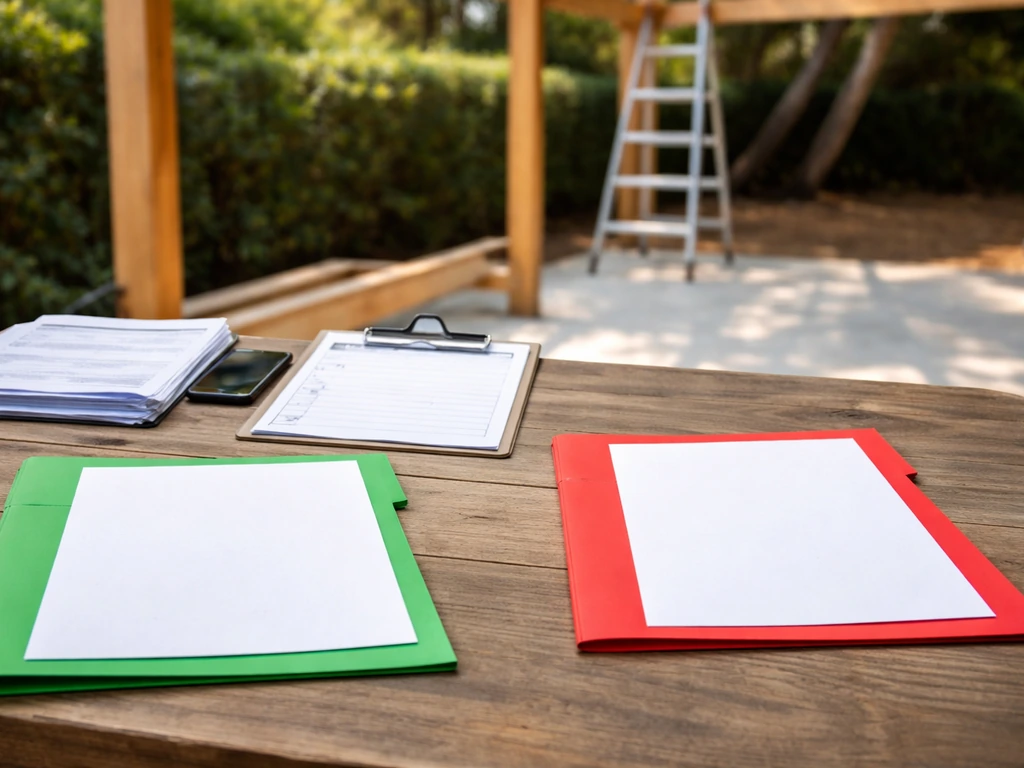 Minimal photo of a patio cover installation workspace showing permit paperwork and an inspection checklist.