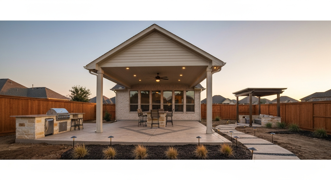 Backyard transformation with gable patio cover, stamped concrete patio, outdoor kitchen, and cedar privacy fence in a North Dallas suburban setting, shown at golden hour.