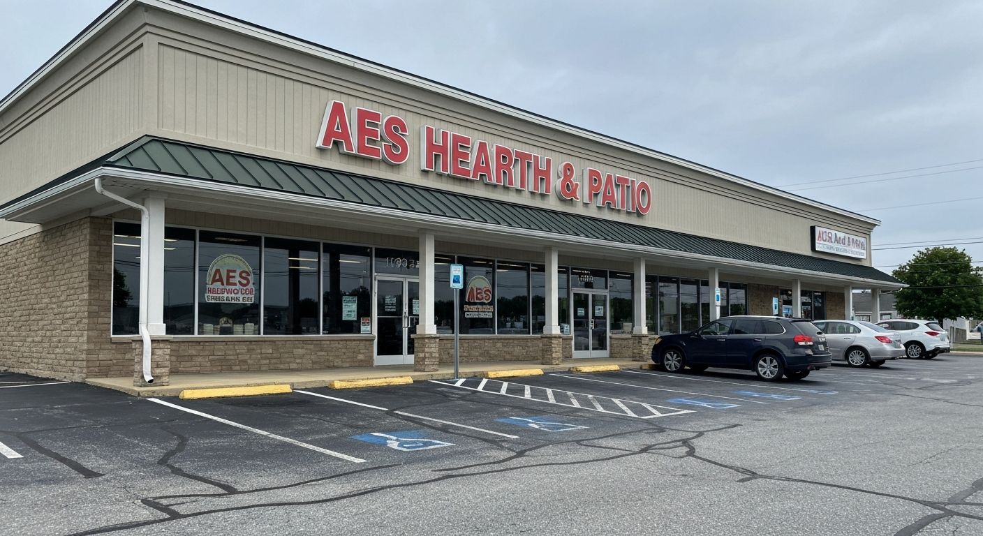 Exterior storefront of AES Hearth & Patio, Newville, PA, showing building and signage at 1743 Pine Road.