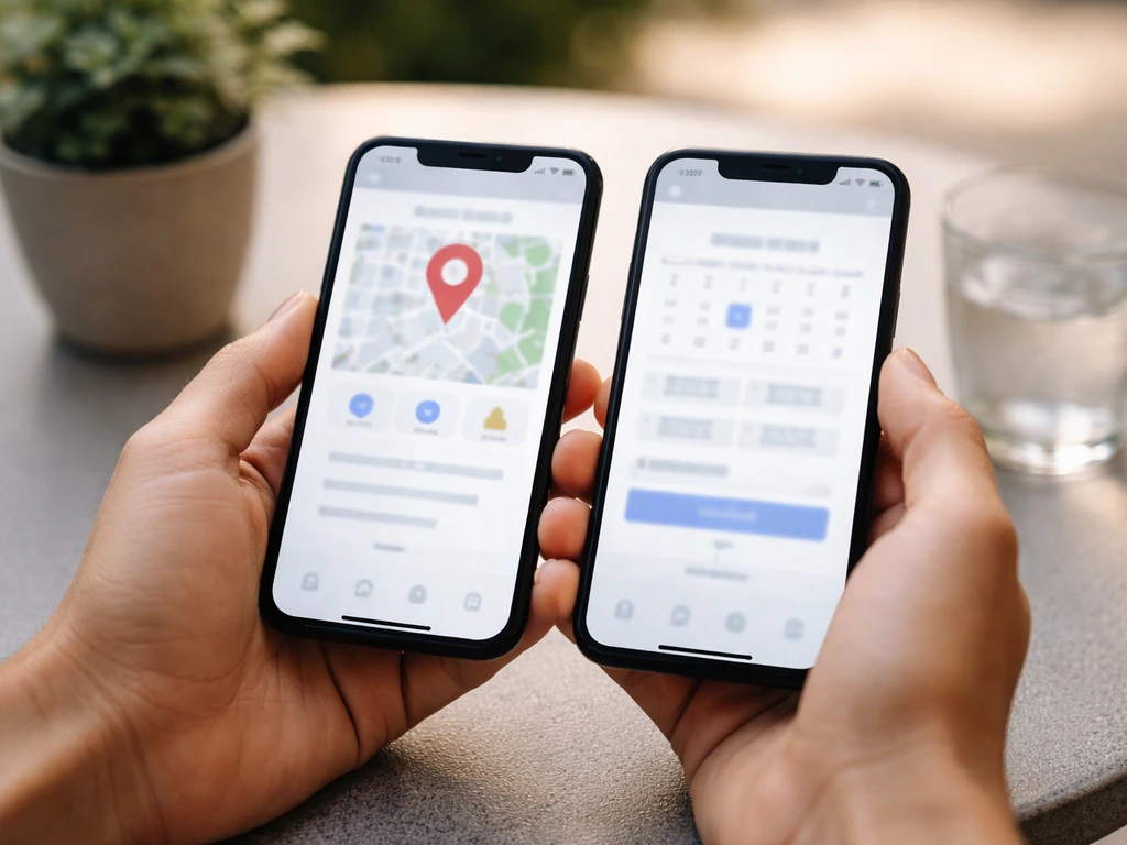 Person comparing a phone map listing category and a reservation site on a kitchen patio review context