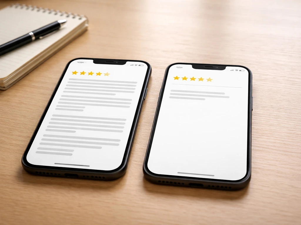 Two smartphones on a wood table showing detailed vs vague review layouts using blank, nontext UI.