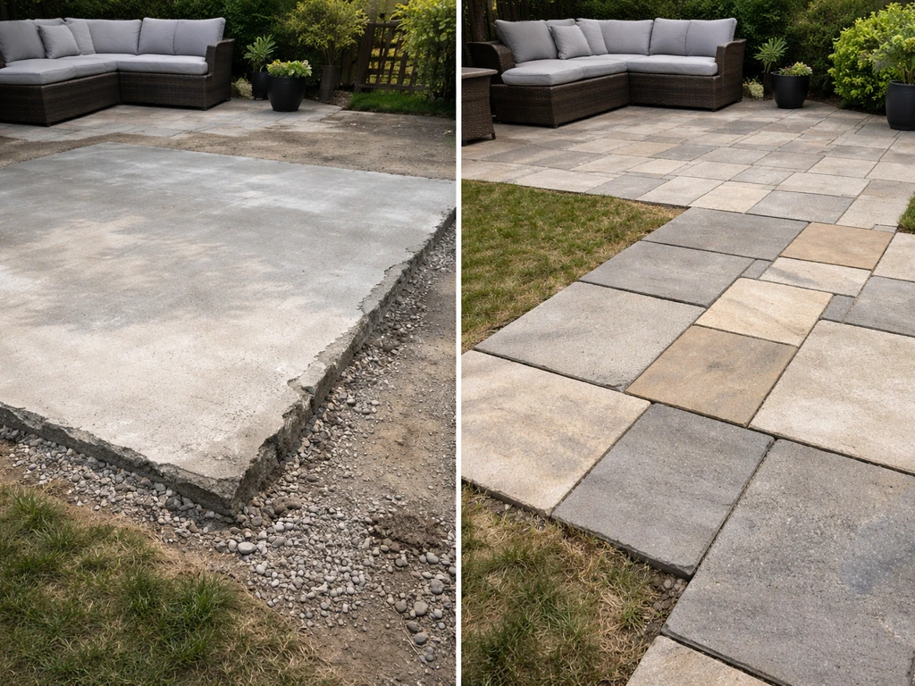 Minimal before/after patio scene with unfinished patchy work and mismatched materials.