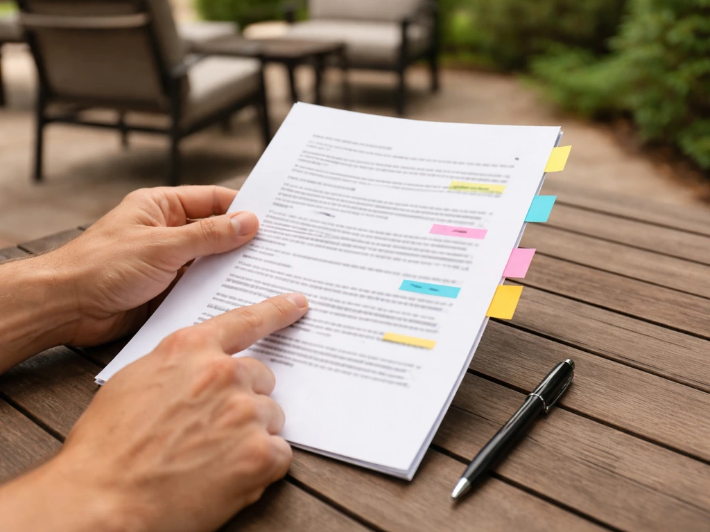 Hands reviewing an outdoor patio contract page with a pen and highlighted items on the paper