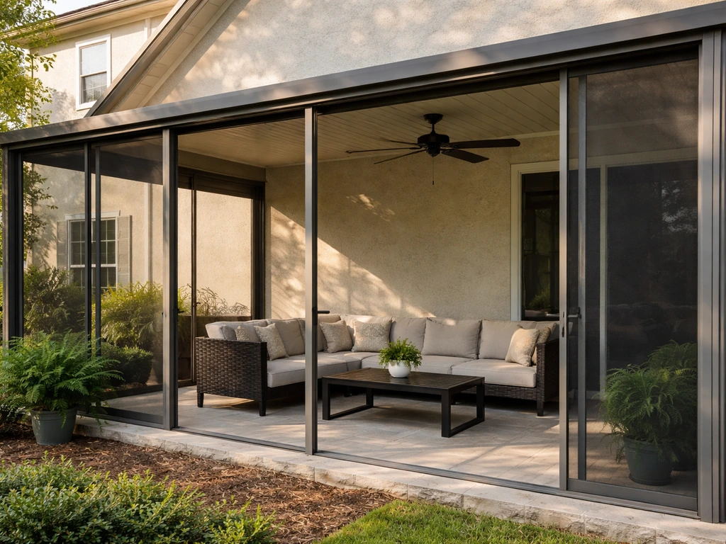 Warm daylight on an Atlanta home patio with a partially enclosed screen and glass enclosure, no people.