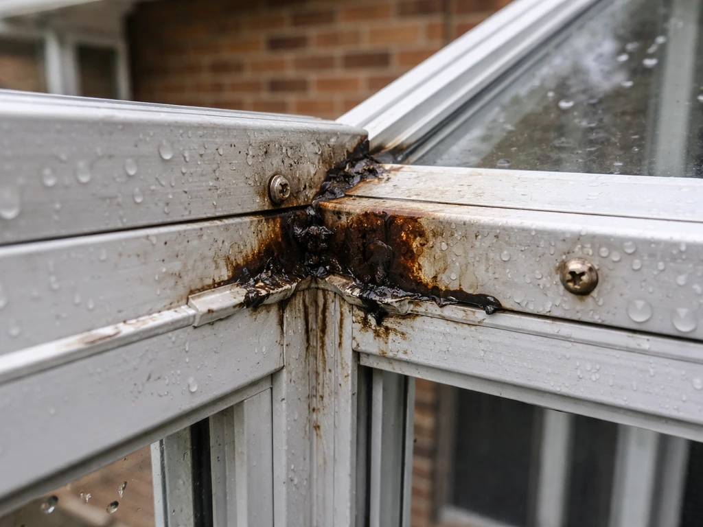 Close-up of a patio enclosure roof-to-wall seam with water staining and a leaking gap.