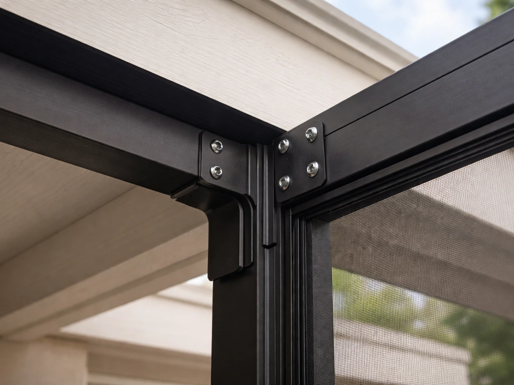 Worker installing a patio screen enclosure with visible corner gaskets and secure frame fasteners