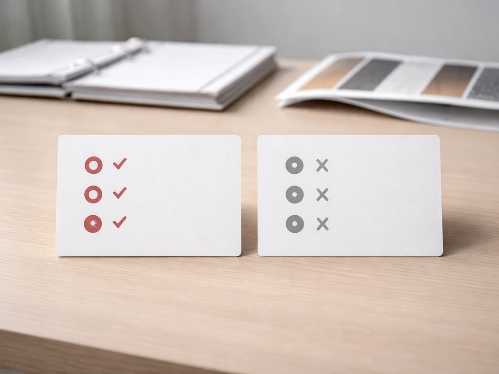 Minimal table setting with two cards showing strong vs weak building contract risks, no text
