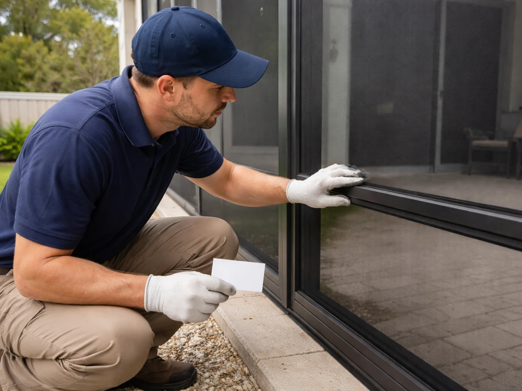 Technician inspects a patio screen enclosure and holds a blank warranty card during service support.