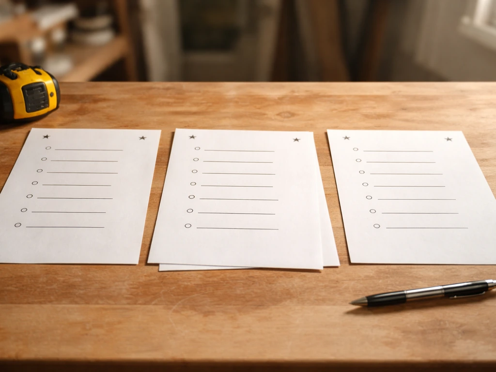 Three contractor proposal sheets on a table with mismatched project scope bullets and rating stars.