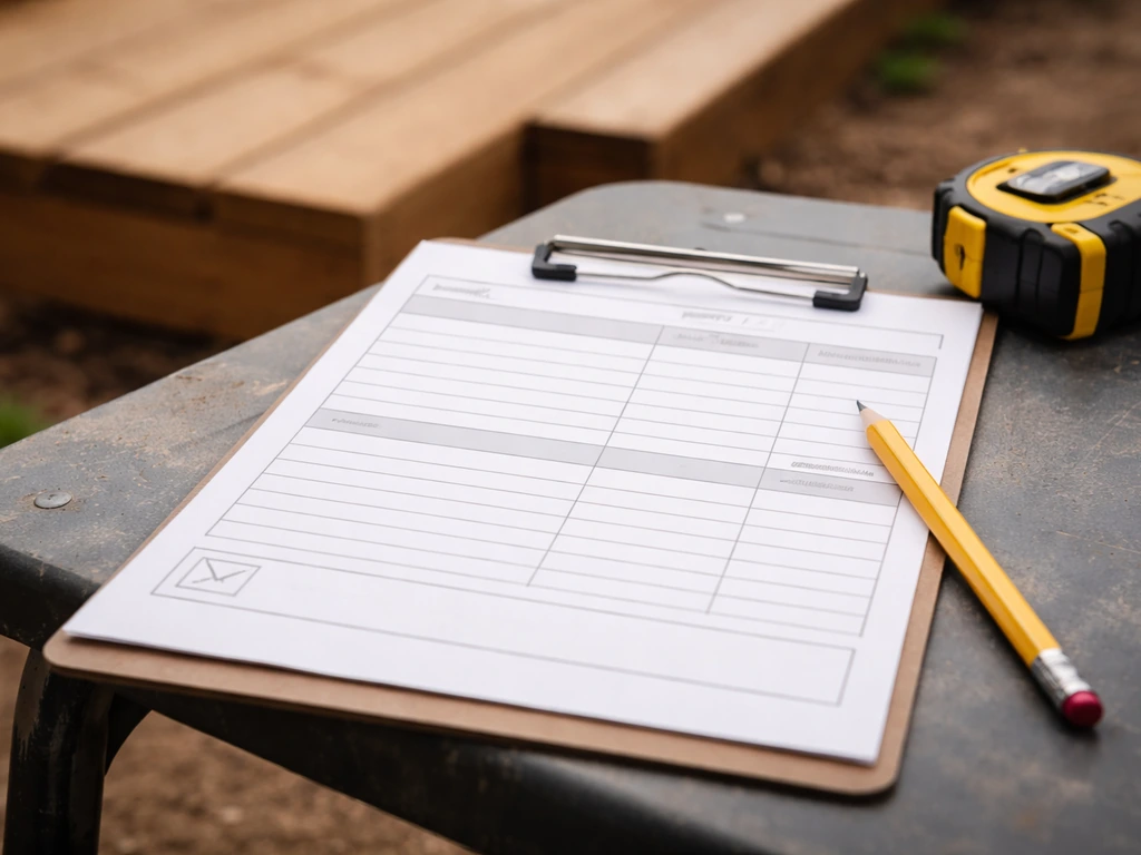Close-up of a deck project estimate sheet with pencil and tape measure, materials vs labor sections visible.