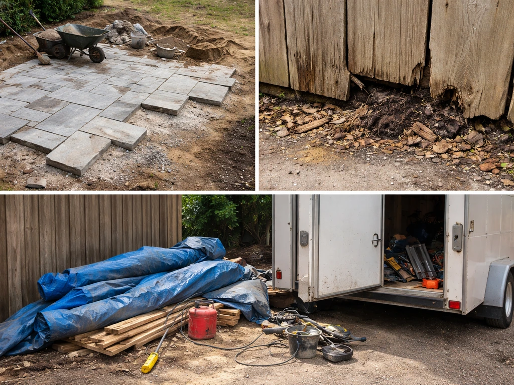 Minimal outdoor construction scene showing unfinished patio, cracked fence, and delayed work clutter.