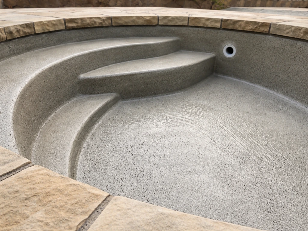 Close-up of a freshly finished gunite pool surface with smooth troweled plaster and neatly set stone coping