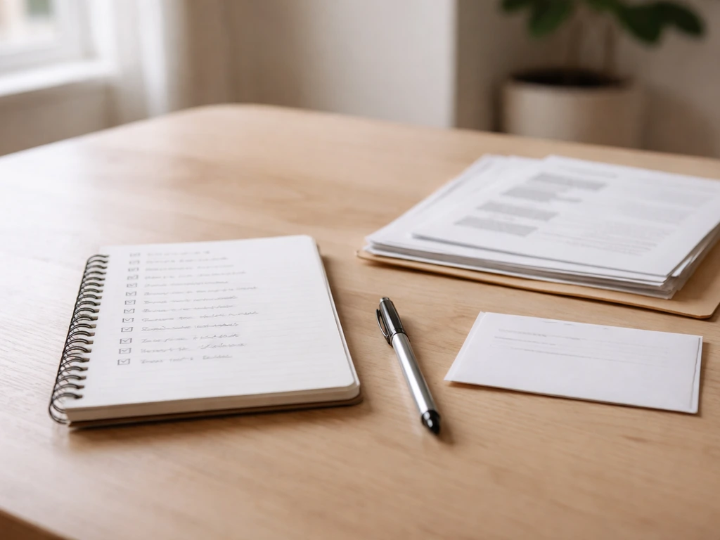 Open notebook with pen and printed checklist, with a small address card and contractor paperwork on a table
