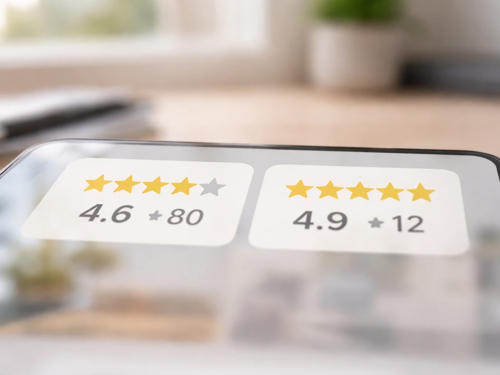 Minimal scene showing two side-by-side contractor review tiles with star icons and review counts (no readable text).