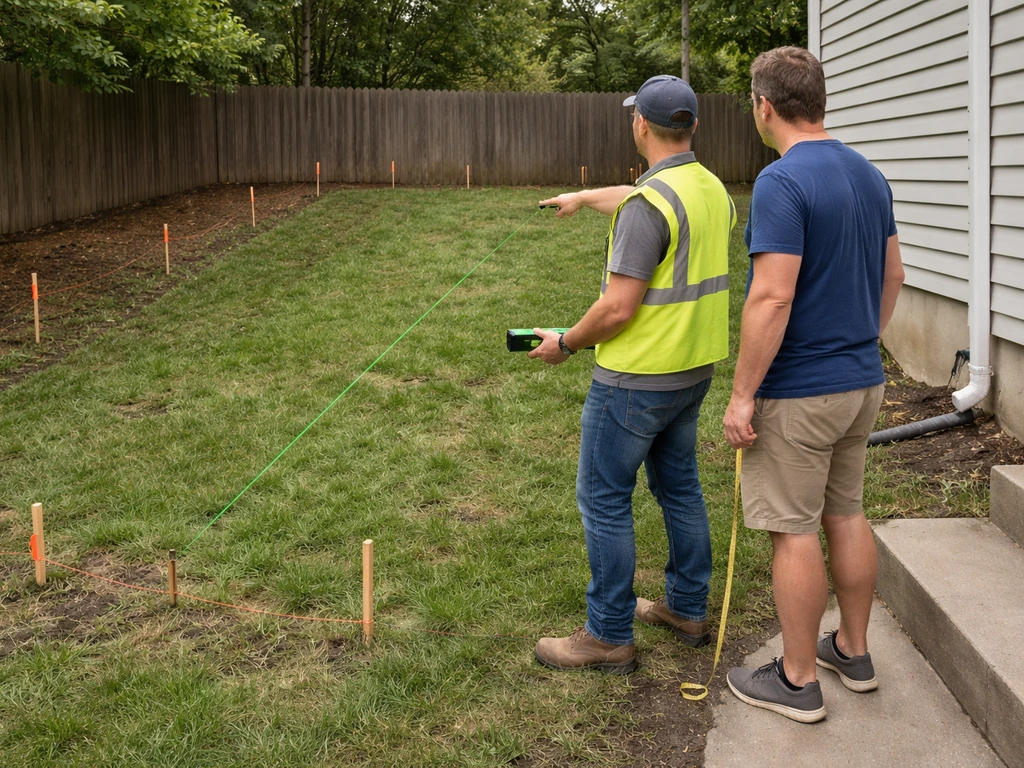 Contractor and homeowner review yard slope and drainage with a laser level and layout stakes.
