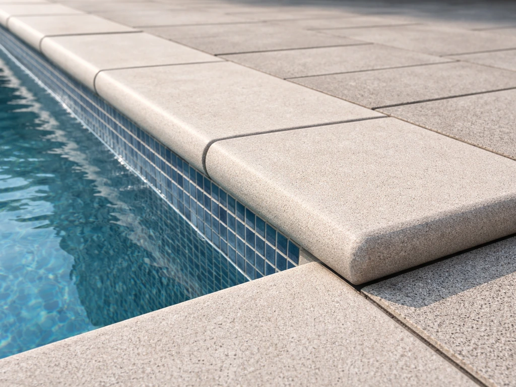 Close-up of a freshly built pool edge showing aligned coping, neat grout lines, and smooth deck finish