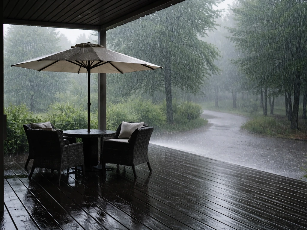 Covered shaded deck with an open umbrella on a rainy overcast day, suggesting a Polar Patio used safely.