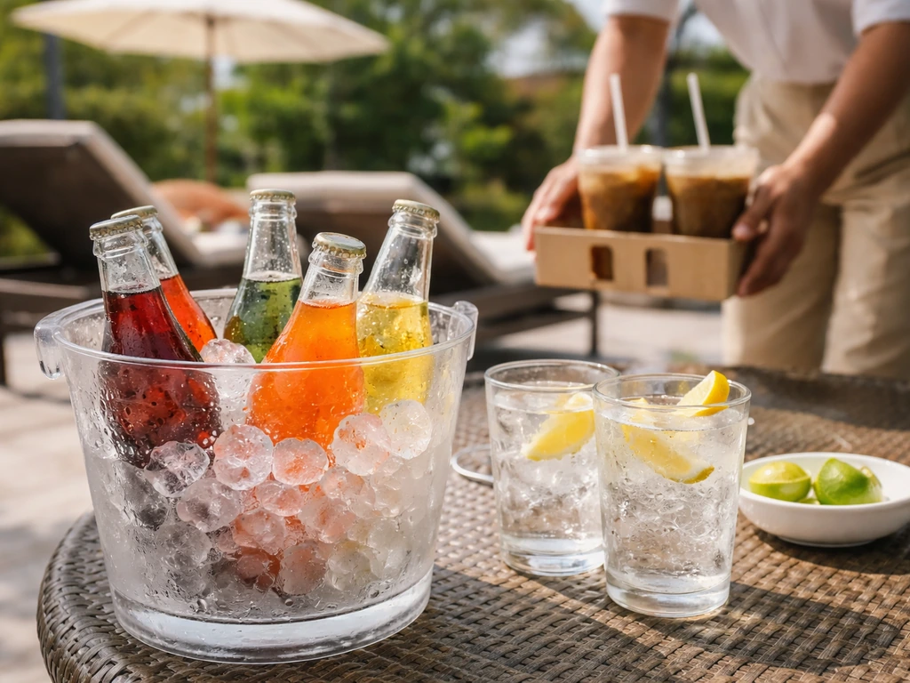 Ice water and select soft drinks on a patio table while an attendant readies an order nearby