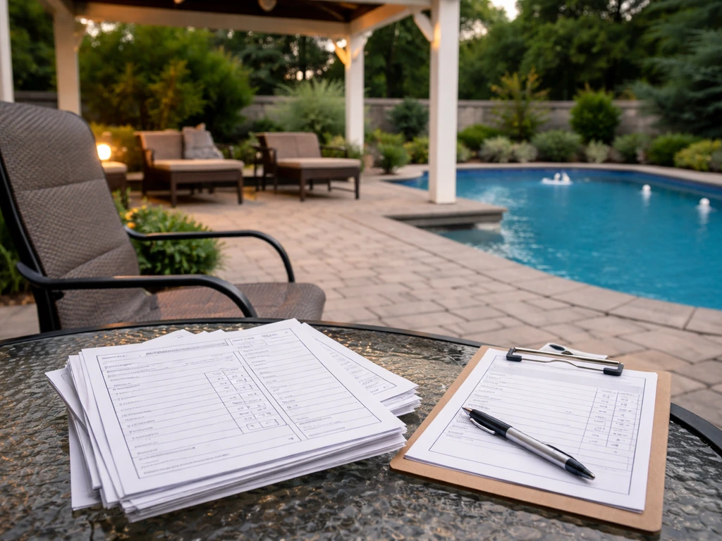Backyard pool and patio with contractor quote paperwork on a patio table for comparing reviews.