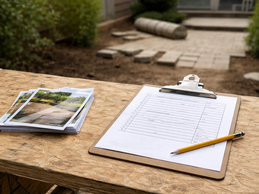 Contractor patio materials and a simple itemized scope sheet on a workbench, implying a reduced seasonal offer.