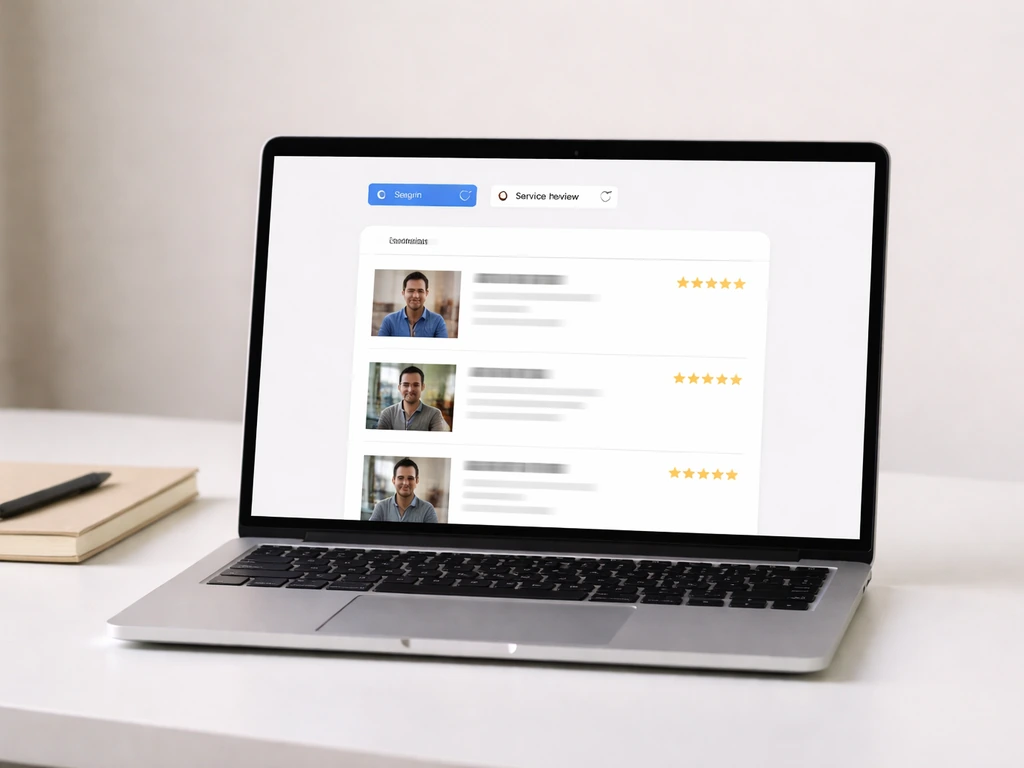 Laptop mockup showing region and service-type filters with blurred review result cards.