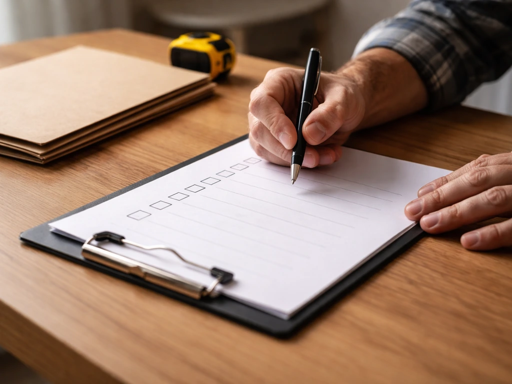 Close-up of a person reviewing a blank contractor checklist with a pen on a desk